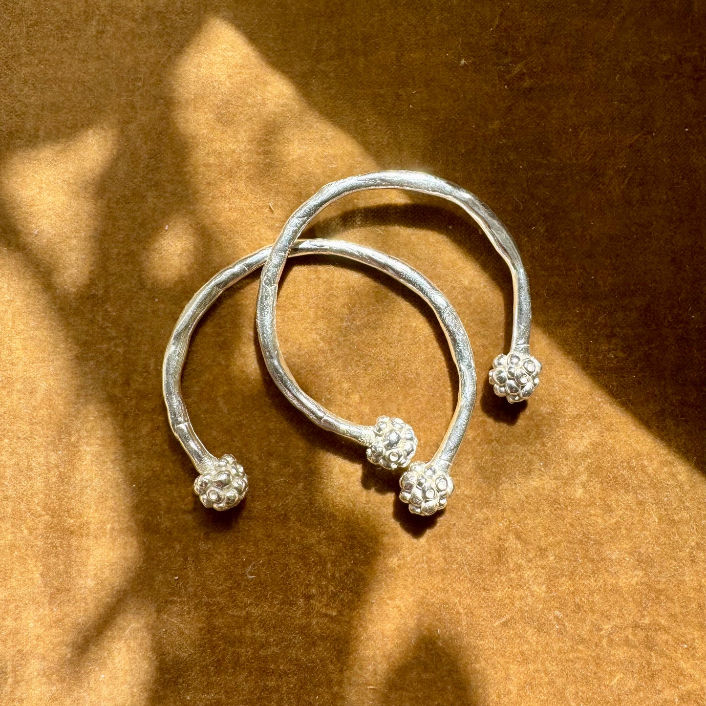 MORA CUFF: handmade and cast in recycled silver open cuffs with bobbles of smaller bobbles at the ends like blackberries. Fits all sizes.