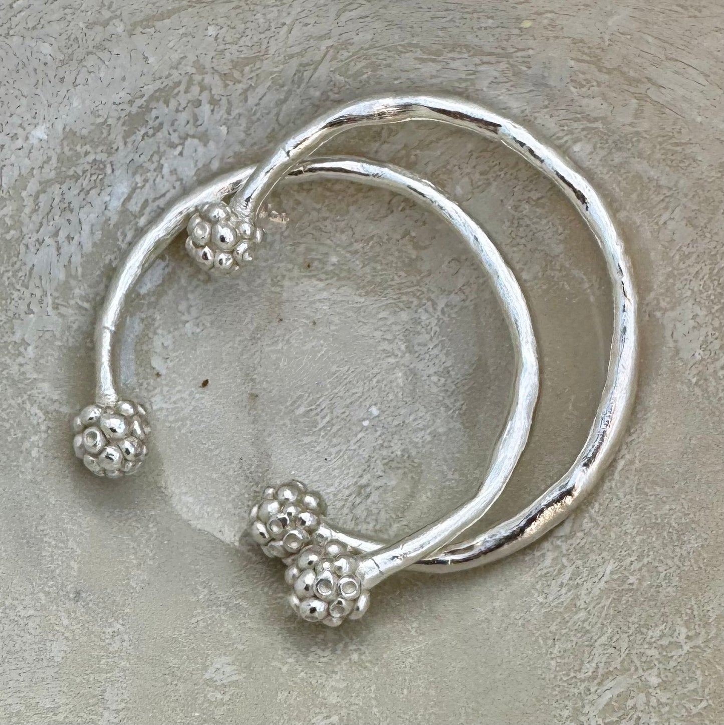 MORA CUFF: handmade and cast in recycled silver open cuffs with bobbles of smaller bobbles at the ends like blackberries. Fits all sizes.