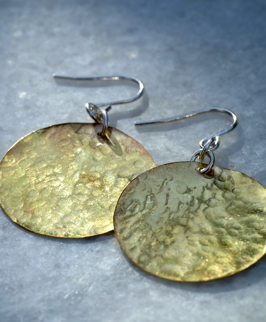 Brass Moons: Handmade recycled brass full moon disc earrings.