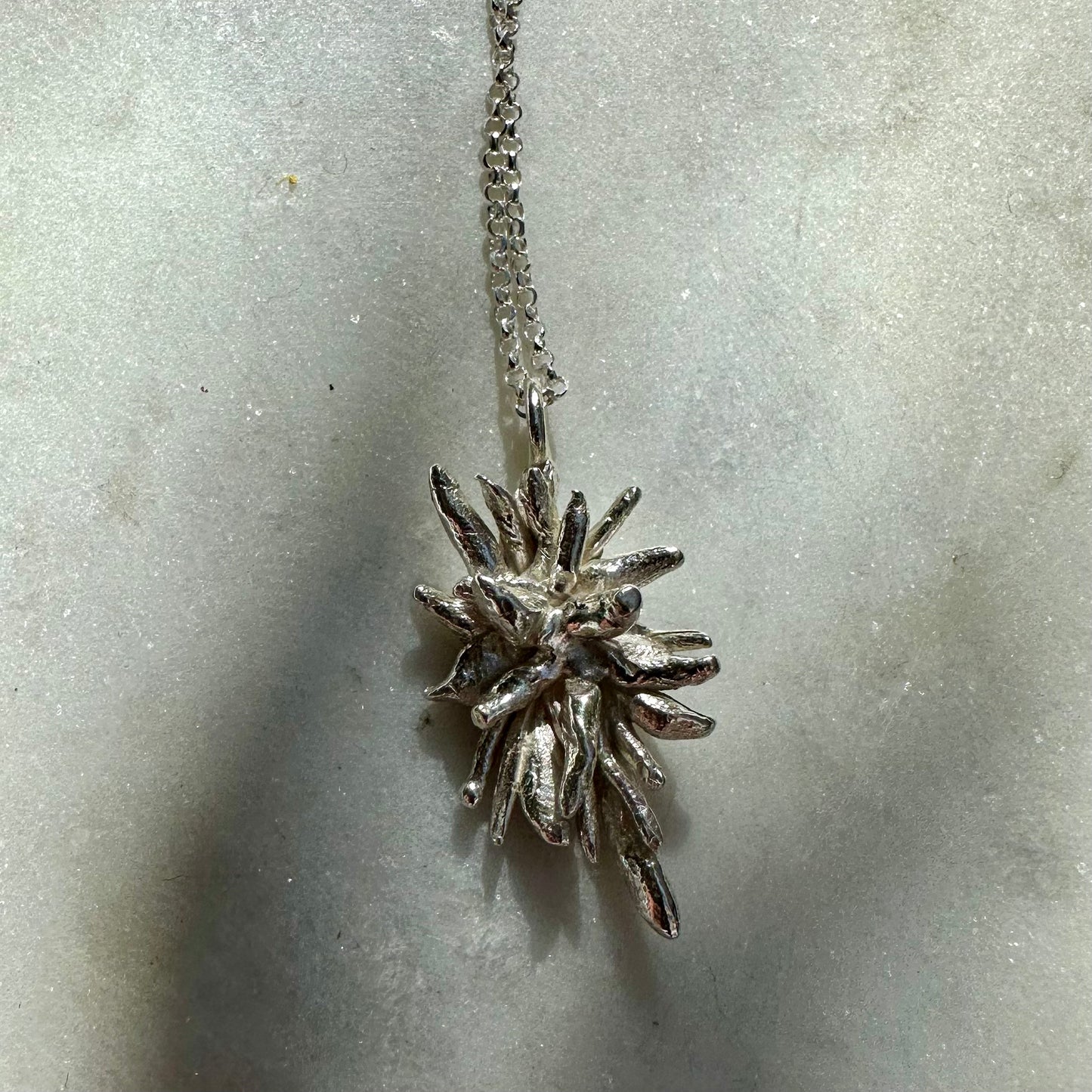 DEW OF THE SEA NECKLACE: softly spiky sea rosemary recycled silver charms hang from recycled silver chains.