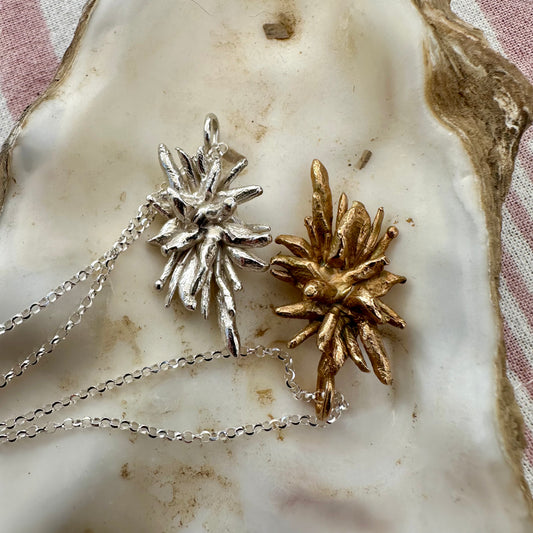 DEW OF THE SEA NECKLACE: softly spiky sea rosemary charms hang from recycled silver chains.