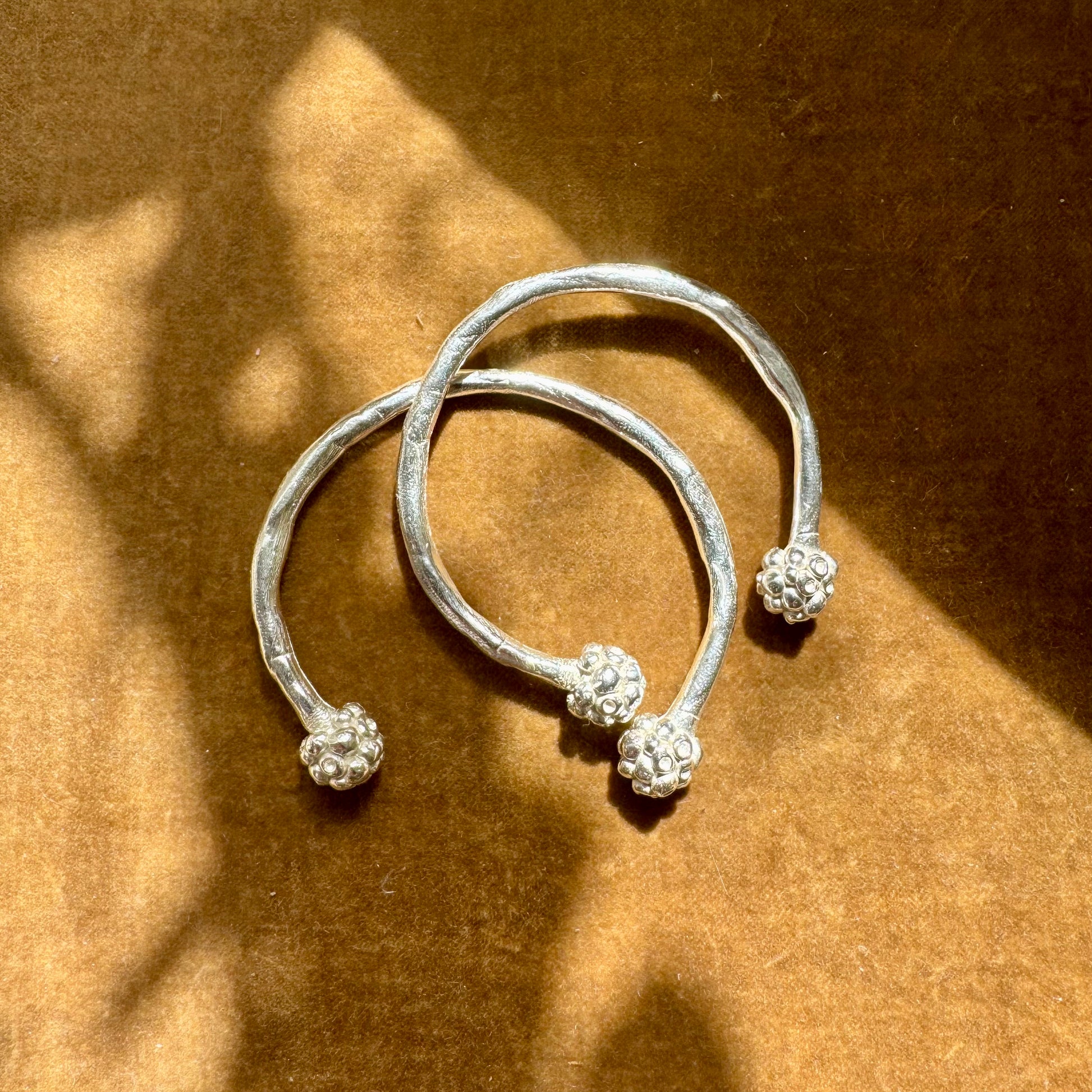 MORA CUFF: handmade and cast in recycled silver open cuffs with bobbles of smaller bobbles at the ends like blackberries. Fits all sizes.