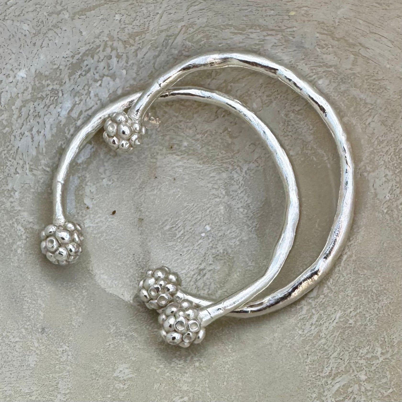 MORA CUFF: handmade and cast in recycled silver open cuffs with bobbles of smaller bobbles at the ends like blackberries. Fits all sizes.