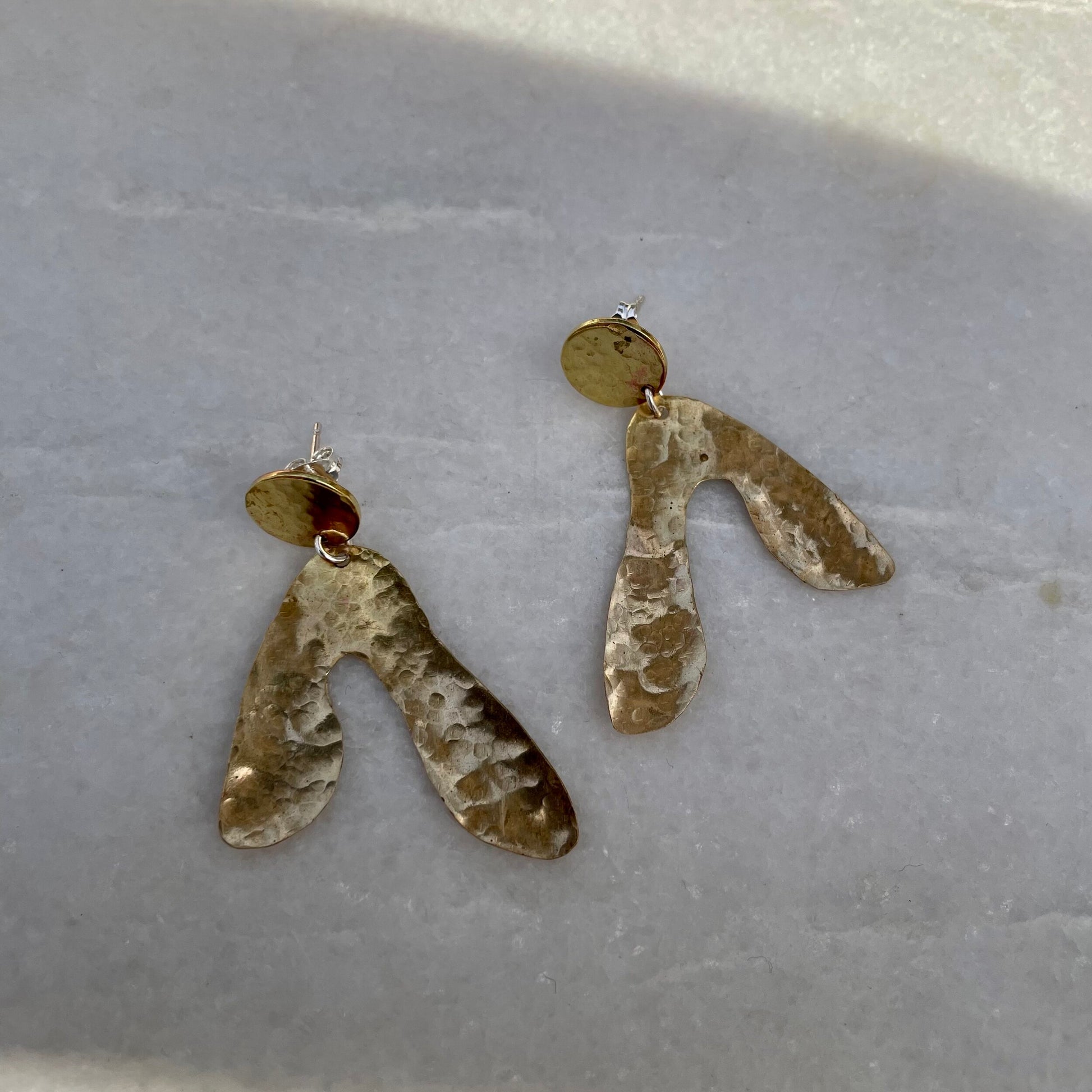 Sycamore Earrings: sycamore seed shaped earrings handmade in recycled brass.