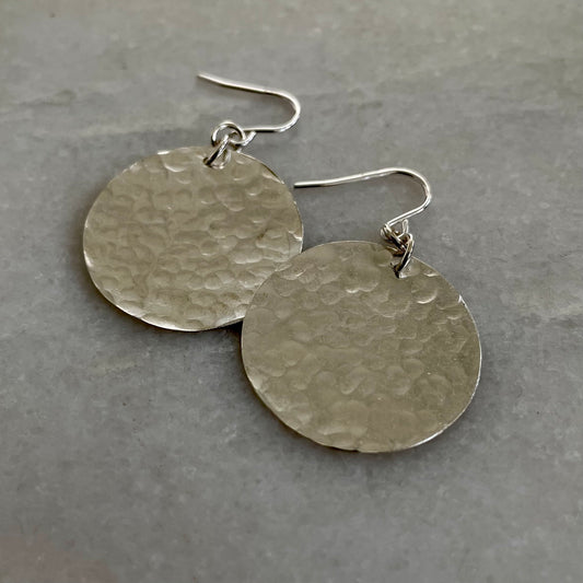 Silver Moons: Handmade recycled silver full moon disc earrings.