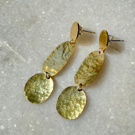 Sea Pebble Earrings: handmade in recycled brass these earrings have three pebble shapes articulated to move as you do.