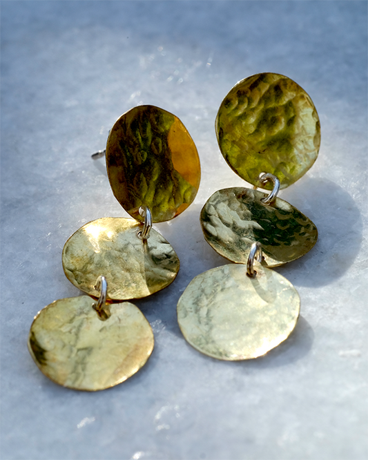 Three Suns Earrings: handmade earrings with three recycled brass discs.